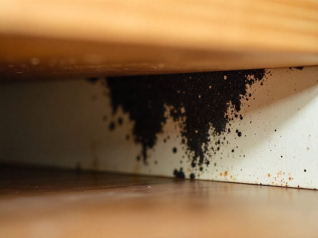 Black mold clusters under kitchen cabinet shelf close up textured spores visible